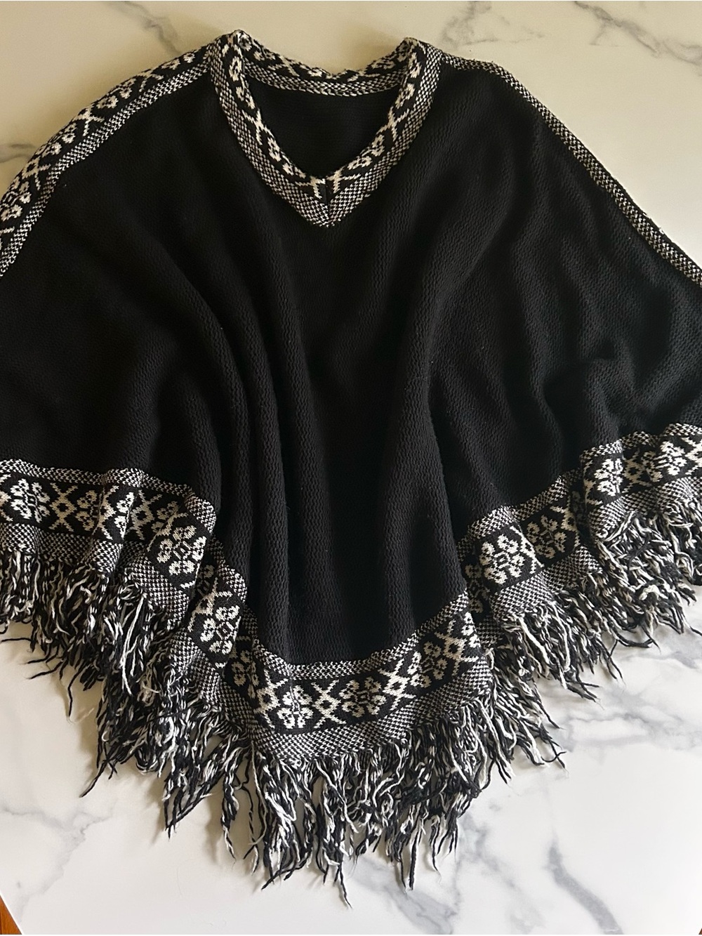 Black and White Fringed Knit Poncho Sweater